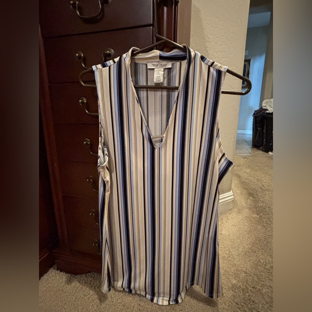 White House Black Market Striped V-Neck Sleeveless Tank in Blue and Cream